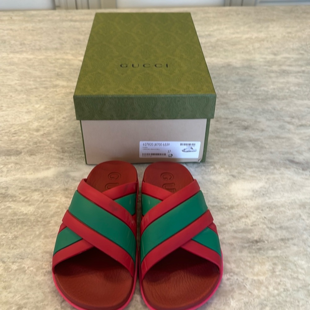 Gucci Rubber Slides. Red and green upper and bright pink treaded sole.